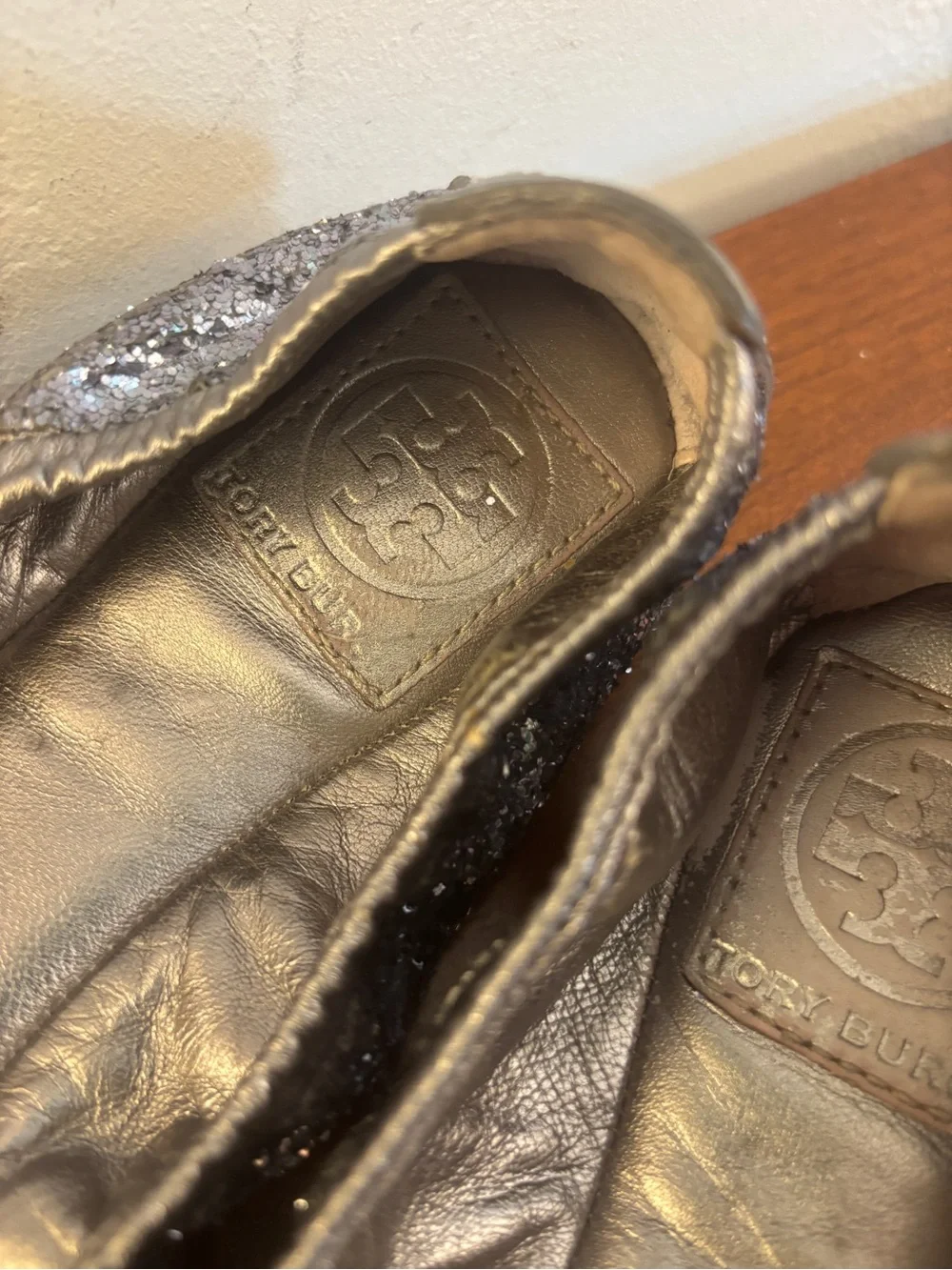 Tory Burch Eddie Pewter Leather Glitter Ballet Flats